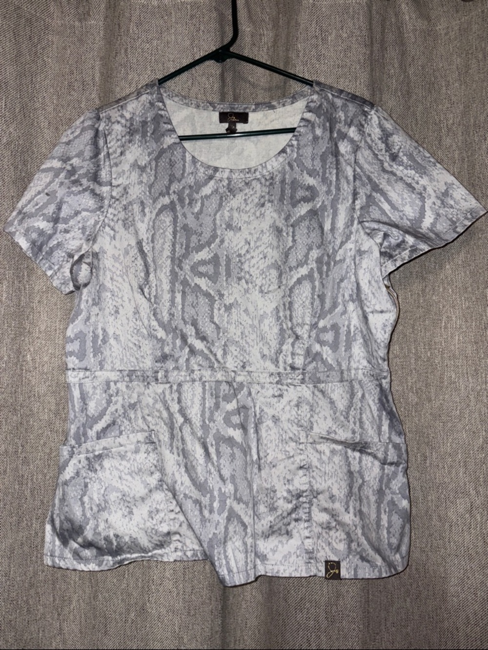 Limited edition Jaanuu Light Gray Snake-Print legacy peplum Scrub Top
